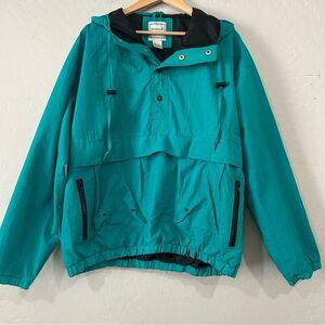 Vintage 80s 90s Teal Windbreaker Pullover Anorak Jacket Hooded Kangaroo Pocket L